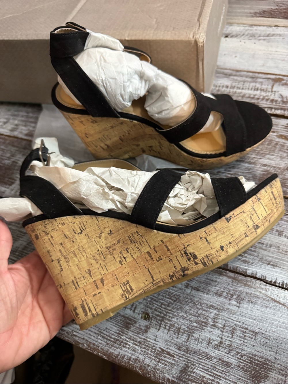 Maurices Black Suede Strappy Wedge Sandals with Ankle Buckle